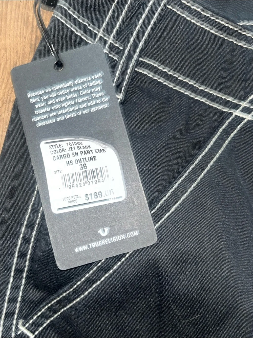 True Religion Black Cargo Pants with White Contrast Stitching